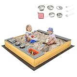 COSTWAY Sandkasten aus Massivholz, Sandkiste mit 9 Küchenzubehör & Wasserhahn & Waschbecken, Sandbox inkl. Bodenplane, Kindersandkasten Outdoor für Garten Strand Balkon