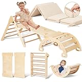 Giant bean 5-in-1 Montessori Kletterdreieck mit Kletterbogen und Rutsche, Holzdreieck für Kleinkinder ab 2-5, Indoor Kletterspielzeug, mit Griff Matte, Holzfarben,M