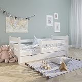 Kinderbett Jugendbett 80x160 cm mit Rausfallschutz | Voll-Holz inkl. Lattenrost & Schublade in weiß Kiefer | Mädchen Jungen Bett skandinavisch