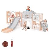 COSTWAY Kinder Rutsche mit Klettergerüst & Schaukel, Rutschenset mit Schaukel Basketballkorb Teleskop Lenkrad, Montessori Indoor-Spielplatz für Kinder ab 1 Jahr (Grau + Rosa)