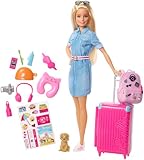 Barbie-Puppe Barbie Dream House Adventures, Reise-Barbie mit blonden Haaren, rosa Koffer, Rucksack, Nackenkissen, Welpe, Barbie-Zubehör, Geschenke für Kinder ab 3 Jahren,FWV25