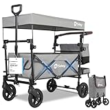 Sekey Bollerwagen Faltbar mit Dach 2 Kinder 100KG, Faltbarer Bollerwagen Handwagen Schiebegriff, Kinderwagen Stoßfest PU-Räder mit Bremsen 110L, SS5050, Grau