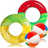 Chennyfun Aufblasbare Frucht Schwimmringe 90cm, mit Wasserball, 4 In 1 Sommer Wasserspielzeug Kit, Schwimmreifen für Schwimmbad, Wasser Strand Pool Party Spielzeug für Kinder Erwachsene