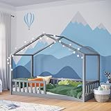 Bellabino Bia Kinderbett 90x200 cm – Bodenbett mit Rausfallschutz & Lattenrost – Hausbett aus Massivholz Kiefer – Montessori Kinder Bett in Hellgrau für Jungen und Mädchen