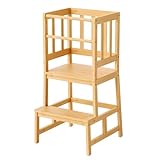 Wiltec Kinderstuhl Lernturm 46 x 46 x 90 cm aus Bambus, Lernstuhl für Kinder mit Geländer, Stehturm mit Schutzstab