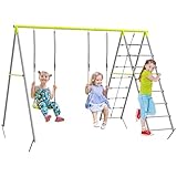Outsunny Kinderschaukel-Set Schaukelgerüst mit Doppelschaukel, Sprossenleiter, Kletternetz, Gartenschaukel aus Metall, Stahl, Schaukelgestell für Kinder 3-8 Jahre, Grün
