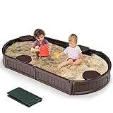 COSTWAY Sandbox Sandkasten mit wasserdichter Abdeckung und Bodenauskleidung, Outdoor Sandkiste Platz für 4 Kinder 183x105x21cm