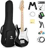 Vangoa Kinder E-Gitarre, 30 Zoll Electric Guitar Starter Kit für Kinder Anfänger mit digitalem Stimmgerät, Kapodaster, Gurt, Saiten, Kabel, Plektren, Schraubenschlüssel Schwarz