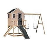 Wendi Toys M28G Spielhaus Kinder Outdoor Holz, Schaukel mit Rutsche, 330 x 405 x 242 cm, Grau, FSC Holz, Kinder Klettergerüst mit Plattform, Leiter & wetterfestem Dach, Spielturm Outdoor