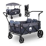 elvent® WagonPro Premium Bollerwagen/Handwagen faltbar mit Dach I 4 Sitzplätze | groß I Sitzpolster, Hecktasche, Off-Road-Reifen, Feststellbremse, 5-Punkt-Gurt I für 4 Kinder (Blau)