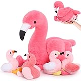 MorisMos 45cm sitzend Plüsch Flamingo mit 4 Baby im Bauch, Rosa Süß Kuschelig Flamingon Plüschtier Stofftier, Weich Spielzeug Dekokissen Geburtstag Themeparty Weihnachten Geschenk