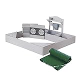 roba Sandkasten aus Holz inkl. Matschküche & Abdeckplane - Sandkiste mit Spielwanne & bedruckten Herdplatten - Wetterfestes Holz grau lasiert