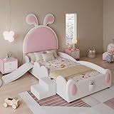Dolamaní Mädchen Kinder Bett 90x200 cm Mit Kleiner Treppe und Kinderrutsche, Polsterbett PU Kopfteil mit Hasenohren, Einzelbett (Weiß+Rosa)