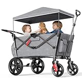 EVER ADVANCED Bollerwagen für 2 Kinder Faltbar mit Dach, Kinderwagen 2x5 Punkt Sicherheitsgurt mit Wickelrucksack, Bollerwagen mit Sitz, Handwagen Transportwagen, Ziehen & Schieben, Fußbremse