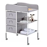 VEVOR Wickeltisch tragbare Wickelstation mit 3 Stoffschubladen & feststellbaren Rädern, höhenverstellbarer multifunktionaler Baby-Wickelkombi mit Aufbewahrungs-Organizer fürs Kinderzimmer Grau