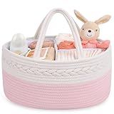 Maliton Baby Windel Caddy Organizer，Wickeltisch Organizer Aufbewahrungskorb mit Herausnehmbaren Fächern，Robuster Tragbarer Baumwollseil Windeltasche als Babyparty Geschenk，Rosa