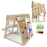 Juskys Mini Klettergerüst für Kinder - Indoor Spielplatz mit Rutsche, Kletterwand, Kletternetz & Turnringe - Holz Kletterturm klappbar - Natur