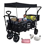 byme Bollerwagen faltbar mit Dach, Transportwagen max. bis 150Kg belastbar, Handwagen klappbar, 360° Hartgummiräder, Vorder- & Hinter-Bremse + Picknickdecke, 4X Becher & Teller, inkl. Abdeckung