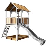 AXI Spielhaus Pumba mit Sandkasten & Grauer Rutsche | Stelzenhaus in Braun & Weiß aus FSC Holz für Kinder | Spielturm mit Wellenrutsche für den Garten