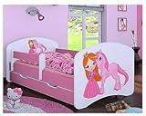 HB Kinderbett mit Matratze und Bettkasten verschiedene Varianten Mädchen ROSA (160x80 cm, Prinzessin mit Einhorn)