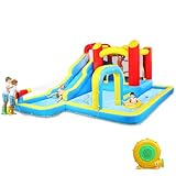 LEADZM Hüpfburg mit Gebläse, Großer Hüpfburg Kinder mit Trocken oder Wasserrutsche, Kletterwand, Schwimmbad, Geeignet für 3 Kinder von 3–10 Jahren, 465 x 365 x 195 cm
