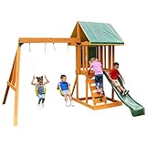 KidKraft F24148E Outdoor Klettergerüst aus Holz mit Rutsche, Schaukel, Kletterwand und Sandkasten, Outdoor Spielturm für Kinder, Grün, Kindergröße