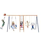 VEVOR Schaukel-Sets für den Garten, 6-in-1-Schaukel-Set mit 2 Schaukeln, Trapezstange, Kletterleiter, Kletternetz und Basketballkorb, 200 kg Tragkraft