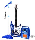 Rock-Gitarre mit Stahlsaiten, Verstärker, verstellbare Stativ und Mikrofon - Rockgitarre für Kinder - Kinder-Gitarre - Rock Guitar - Spielzeug-Gitarre - Gitarre mit Spielfunktionen - Kleinkind Musikinstrument - erste Gitarre für Kleinkind - BLAU