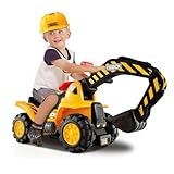 DREAMADE Bagger zum draufsitzen, Sitzbagger mit Schaufel & Helm & 3 Spiel-Steine, Aufsitzbagger mit Hupe & Stauraum, Sandbagger Rutscher Rutscherfahrzeug für Kinder ab 3 Jahren