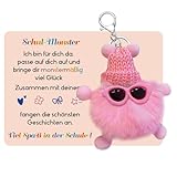 Geschenk Einschulung Schul Monster Plüsch, Einschulung Schlüsselanhänger, Glücksbringer Schule, Mutmacher Anhänger Mäppchen oder Ranzen (Rosa)