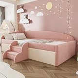 Dolamaní Kinderbett Polsterbett 90x190 cm Samt, Bett mit Lattenrost & Stufen, Rausfallschutz Design, Jugendbett für Jungen & Mädchen, Jugendzimmer Bettgestell, ohne Matratze (A: Rosa+Cremeweiß)