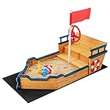 DREAMADE Sandkasten aus Tannenholz, Piratenschiff Boot Segelschiff, Sandkiste mit Bodenplane und Sitzbank, für Garten Sandbox Outdoor (Modell 1)