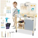 mamabrum, große Holzwerkstatt mit Werkzeugen XXL – Bausatz, 74 Elemente, Arbeitstisch, Bohrmaschine werkbank Kinder ab 2 Jahre werkbank Kinder