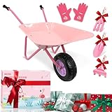 Hortem 5PCS Kinder Schubkarre Set, Metallkonstruktion Radlauf und Gartengeräte, Gartenhandschuh, Geschenke für (Pink)