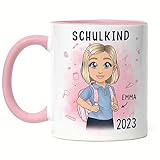 Kiddle-Design Schulkind 2023 Tasse Rosa Personalisiertes Geschenk zum Schulanfang Mädchen Einschulungsgeschenk Erster Schultag Geschenkidee