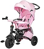 HyperMotion Kinderdreirad Tobi Velar mit Schubstange - Drehbarer Komfort-Sitz, Sicherheitsgurte, Faltbar, Gepumpte Räder, Elterngriff, Regenmantel - 9 Monate bis 5 Jahre, Pink