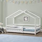 Kinderbett Knätten mit Rausfallschutz 90x200 cm Bettenhaus Hausbett Kiefernholz Weiß