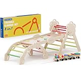 COSYLAND Klettergerüst Indoor L – Großes Kletterdreieck Set mit Kletterbogen & Rutsche – 8-in-1 Massivholz-Spielplatz für Kinder ab 18 Monaten – Warmfarben