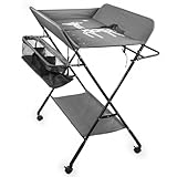 Faltbarer Baby Wickeltisch mit Rädern, Klappbarer Baby Wickelstation, Verstellbar Tragbar Wickeltisch für Babys Kleinkinder mit Bodenablage Seitenkorb Kleiderstange (Grau)