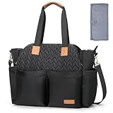 Lekebaby Baby Wickeltasche Bote groß mit Wickelunterlage für Reise, 19 Taschen, Diaper Bag Reisewindeltasche für Mama und Papa, Multifunktions Babytasche, Weizenähre Schwarz