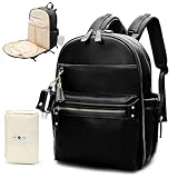 MISS FONG Wickelrucksack Wickeltasche Rucksack Leder, Große Baby Wickelrucksack Babytaschen mit Reiseflaschen Schlüsselbund, Schlüsselbundflaschen, Wickelunterlage und Kinderwagen Haken-Schwarz