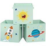 SONGMICS Aufbewahrungsbox, 3er Set, Spielzeug-Organizer, 30 x 30 x 30 cm, Faltbox, Stoffbox mit Griffen, für Kinderzimmer, Spielzimmer, mit Weltall-Motiven, grün RFB001G03