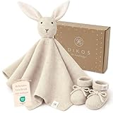 DIKOS® Kuscheltuch SCHMUSE-HASE & Söckchen – Premium Geschenkset aus weicher, gestrickter Bio-Baumwolle (Oeko-TEX) für Neugeborene – Schnuffeltuch als erstes Kuscheltier – zur Geburt (naturbeige)