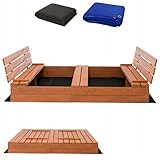 Sandkasten 160x160 cm Imprägniert Sandbox mit Abdeckung Sitzbänken Deckel Plane Sandkiste Holz Kiefer Sandkastenvlies XL XXL