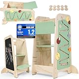 Lernturm EXPLORER Kids® | 5-in-1 Montessori Learning Tower | Rückfallschutz - Höhenverstellbar - Kippschutz | Fördert Zahlen & Formen - Motorik & Lernen | Holz - in Weiß & Salbei | Lernturm ab 1 Jahr