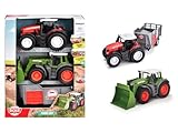 Dickie Toys - Bauernhof-Fahrzeuge Farm-Set (3er-Set) - Fendt und Massey Ferguson Traktor mit Anhänger, Spielzeug-Autos mit Freilauf und beweglichen Teilen für Kinder ab 3 Jahre