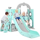 Schaukel Rutsche, 5-in-1 Kinderrutsche mit Schaukel, Klettergerüst, Teleskop, Aufbewahrung, Indoor und Outdoor Freistehende Rutsche, Spielplatz für Kleinkinder, Schaukel Set, für Max 60KG ab 1-6 Jahre