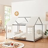 [en.casa] Kinderbett Tostedt Hausbett Jugendbett Bettenhaus Spielbett Halboffenes Design Montessori Bett aus massiver Kiefer Bettgestell Holz 120x200cm Grau/Weiß