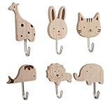 6 Garderobenhaken Kinder, Tierförmige Garderobenhaken aus Holz, Dekorative Haken für Kinderzimmer, Kindergarderobe mit Niedlichen Tierdesigns, Praktische Aufhänger für Kleidung und Accessoires