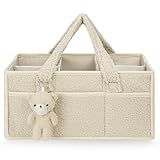 HAGOT Baby Windel Caddy Organizer, Windel Organizer, Tragbarer Wickeltasche organizer, Plüsch Baby Diaper Caddy mit Fächern & Griffen, Plüsch Wickel Organizer Groß Mit Teddybär, Off-White